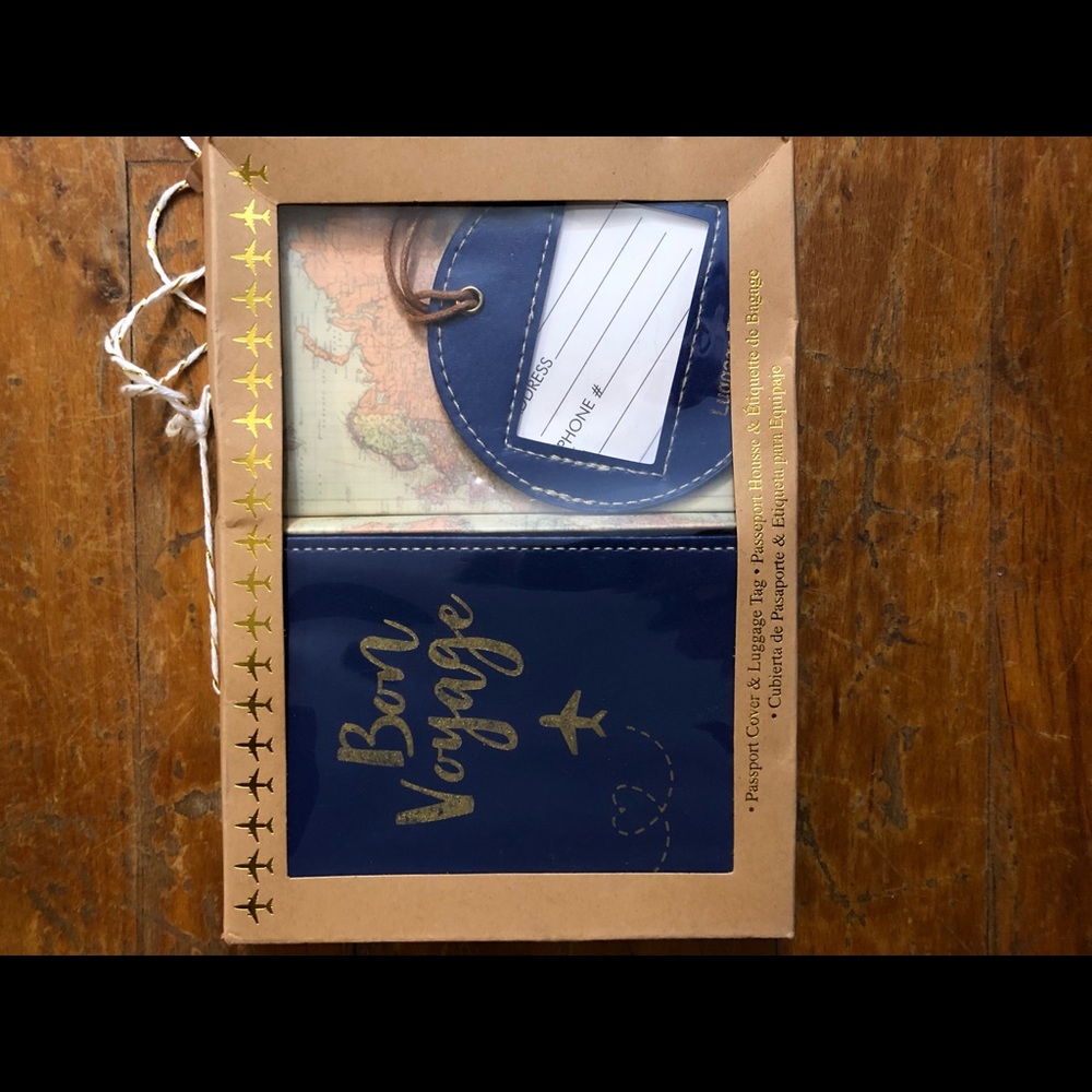 Faux leather “Bon Voyage” navy and gold passport cover